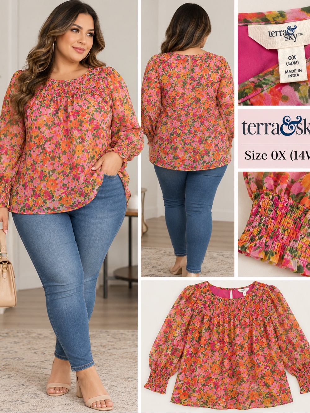 Terra & Sky Pink Floral Plus-Size Peasant Blouse